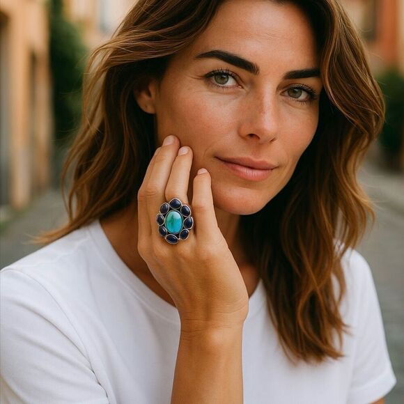 Southwestern Kingman & Purple Mojave Turquoise Cluster Ring Sterling Silver Sz 6 - Picture 2 of 5